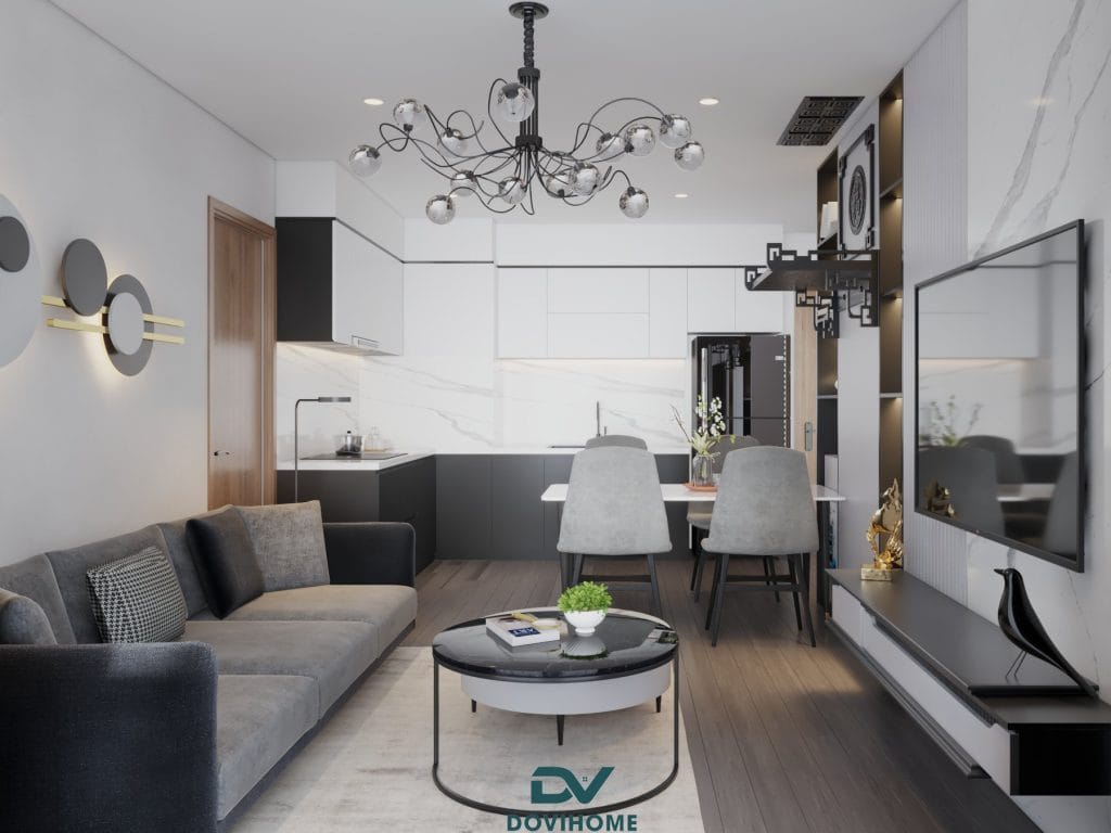 THIẾT KẾ NỘI THẤT CHUNG CƯ THE TOKKIN 82m2 5 Thiết kế phòng khách tiện nghi thoáng đãng