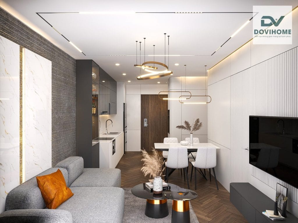 THIẾT KẾ NỘI THẤT CHUNG CƯ VINHOME SMART CITY TÂY MỖ - 61m2 1 Phòng khách thiết kế phong cách hiện đại , sang trọng, tối ưu không gian