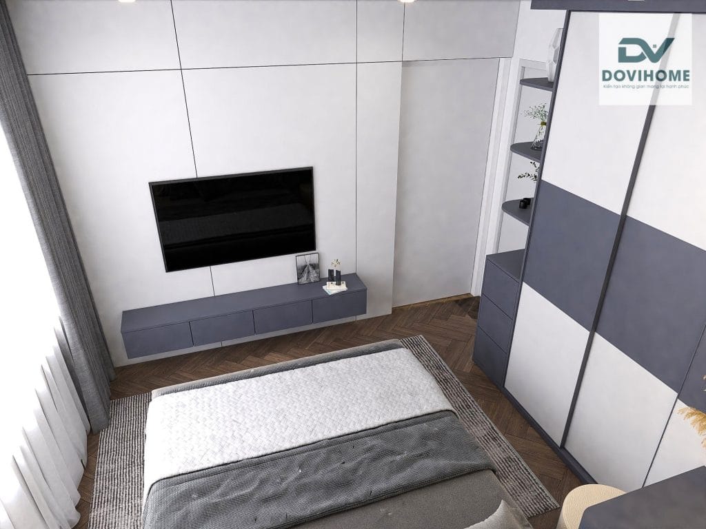 THIẾT KẾ NỘI THẤT CHUNG CƯ VINHOME SMART CITY TÂY MỖ - 61m2 9 Tổng thể hài hòa với tông màu Xám được sử dụng cho giường ngủ bọc nỉ