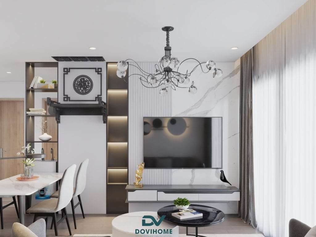 THIẾT KẾ NỘI THẤT CHUNG CƯ THE TOKKIN 82m2 1 Thiết kế nội thất phòng khách tạo nên ấn tượng mạnh mẽ với bạn bè