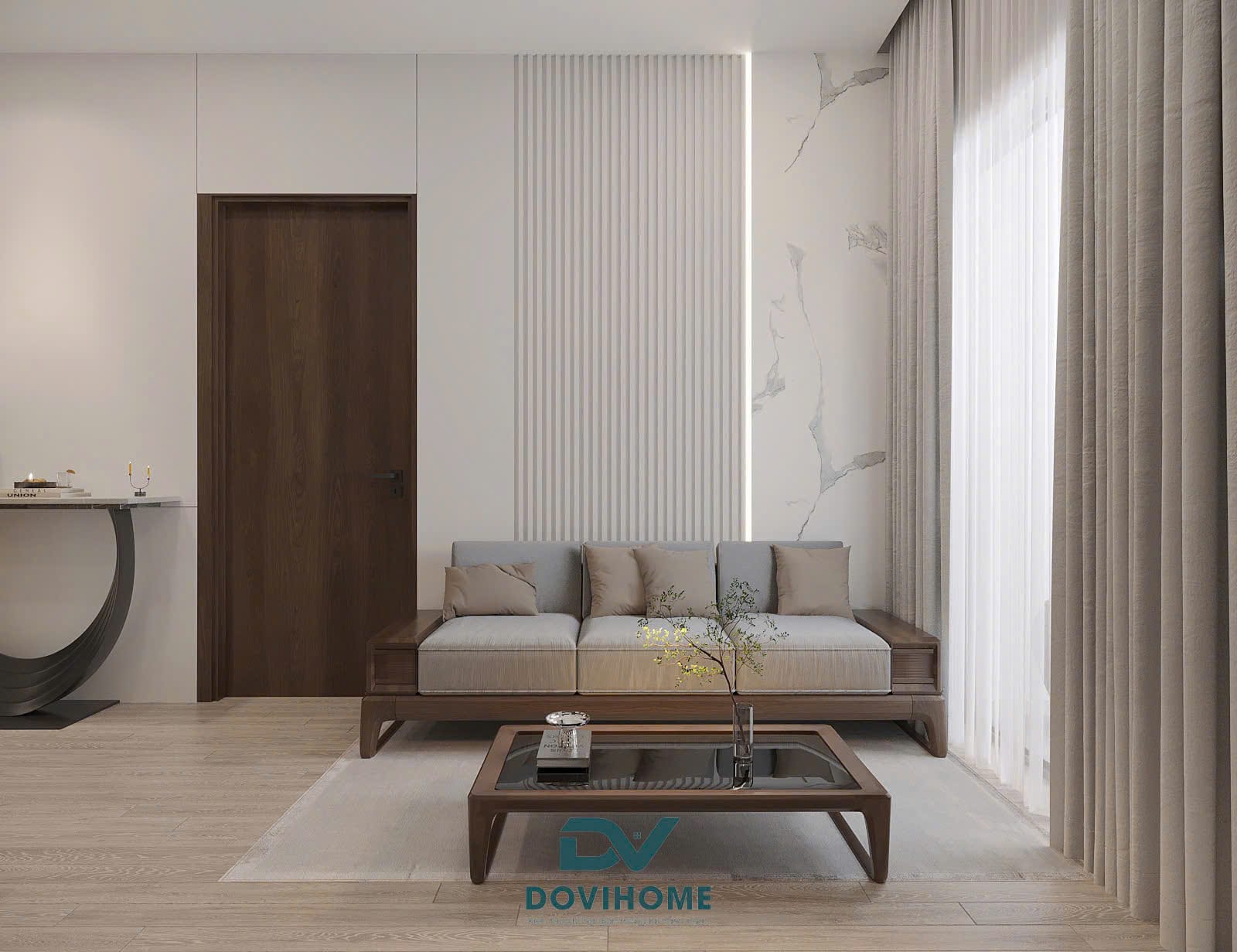 Thiết kế phòng khách Hiện đại tối giản cho không gian căn hộ chung cư 62m2 hiện đại